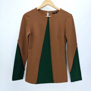 Mi Jong Lee Size 4 Womens Round Neck Long Sleeve Color Block Top in Brown Green